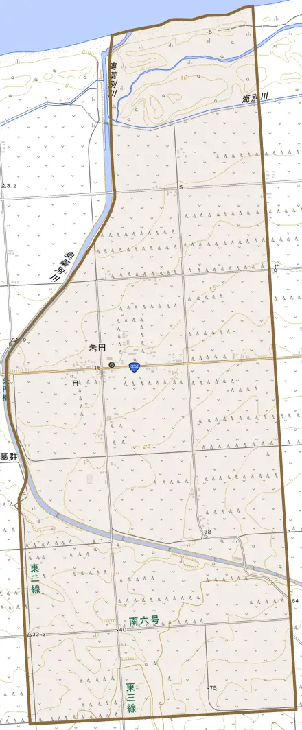 字朱円とその周辺の地図。町の範囲を重ねている
