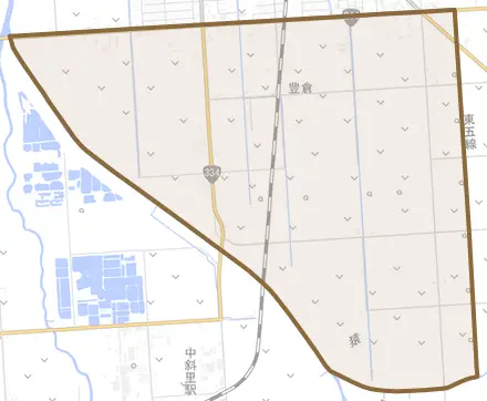 字豊倉とその周辺の地図。町の範囲を重ねている