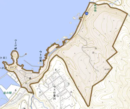 ウトロ東とその周辺の地図。町の範囲を重ねている