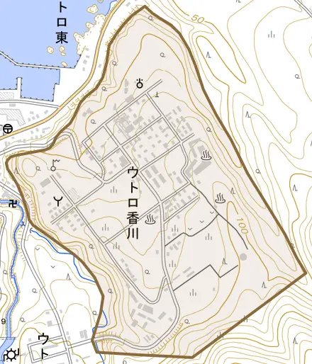 ウトロ香川とその周辺の地図。町の範囲を重ねている