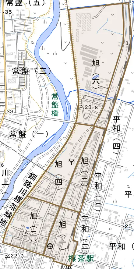 旭とその周辺の地図。町の範囲を重ねている