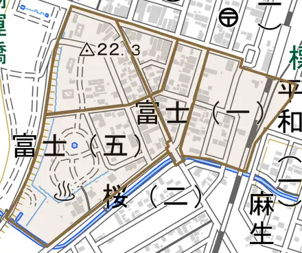 富士とその周辺の地図。町の範囲を重ねている