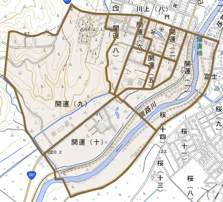 開運とその周辺の地図。町の範囲を重ねている