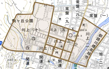 川上とその周辺の地図。町の範囲を重ねている