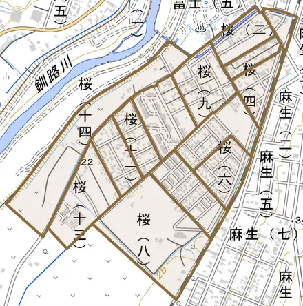 桜とその周辺の地図。町の範囲を重ねている