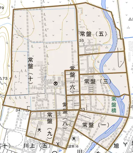 常盤とその周辺の地図。町の範囲を重ねている