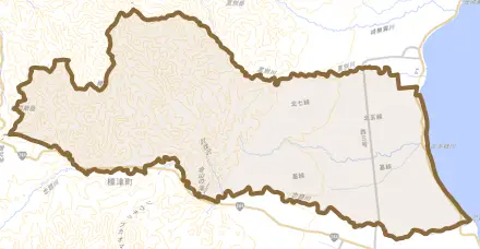 字古多糠とその周辺の地図。町の範囲を重ねている
