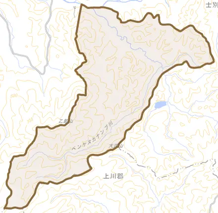 朝日町南朝日とその周辺の地図。町の範囲を重ねている