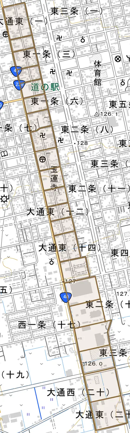 大通東とその周辺の地図。町の範囲を重ねている