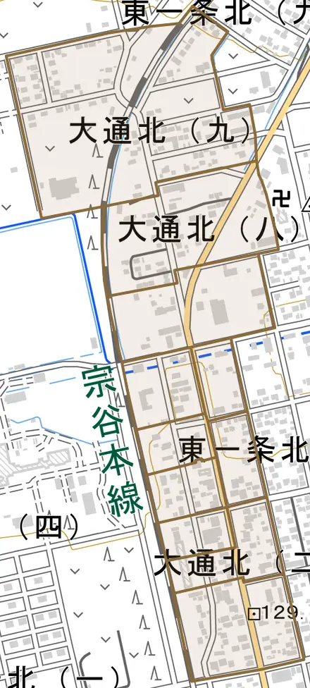 大通北とその周辺の地図。町の範囲を重ねている