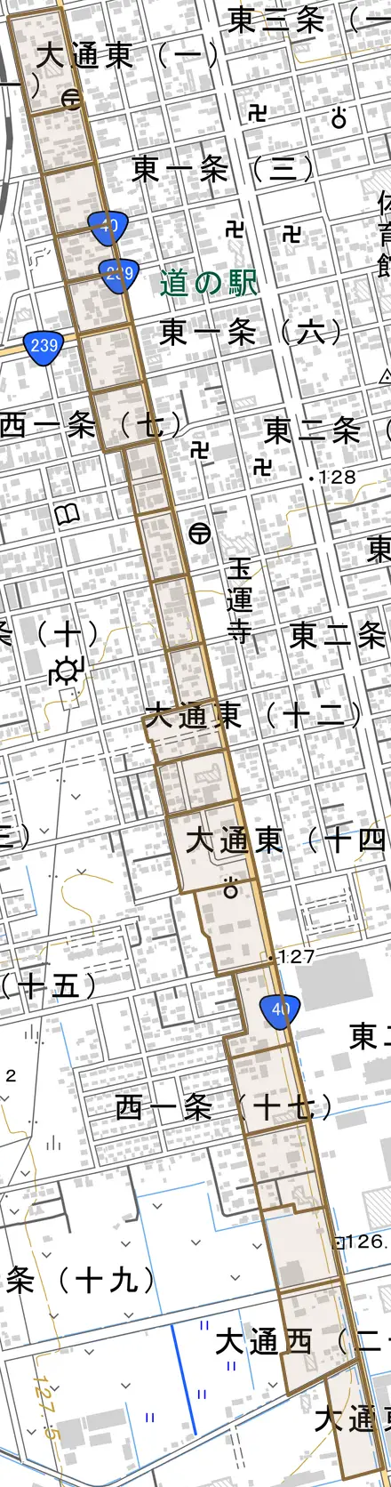 大通西とその周辺の地図。町の範囲を重ねている