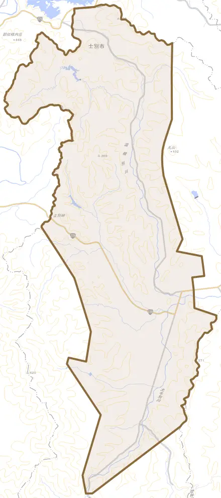 温根別町とその周辺の地図。町の範囲を重ねている