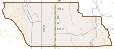 多寄町とその周辺の地図。町の範囲を重ねている