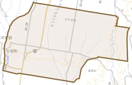 字士幌とその周辺の地図。町の範囲を重ねている