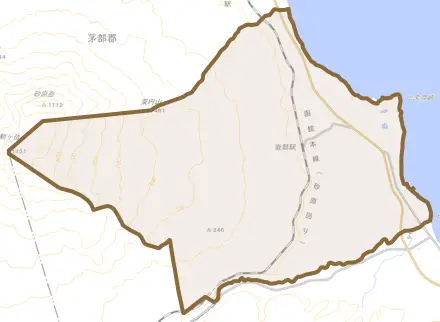 字本別とその周辺の地図。町の範囲を重ねている