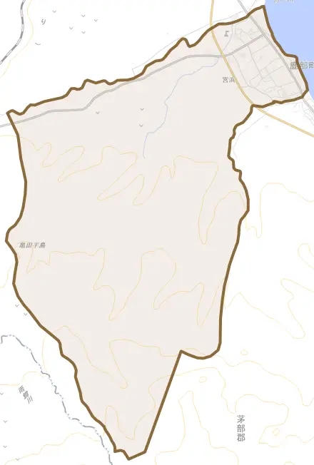 字宮浜とその周辺の地図。町の範囲を重ねている