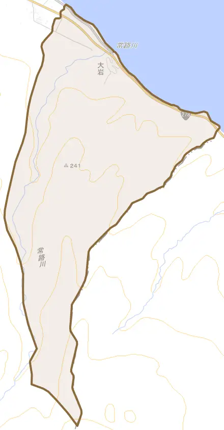 字大岩とその周辺の地図。町の範囲を重ねている