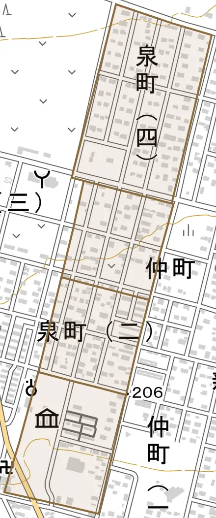 泉町とその周辺の地図。町の範囲を重ねている