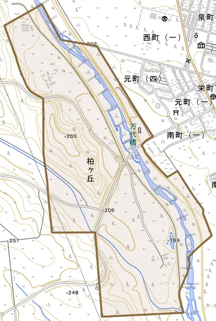柏ケ丘とその周辺の地図。町の範囲を重ねている