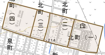 北町とその周辺の地図。町の範囲を重ねている