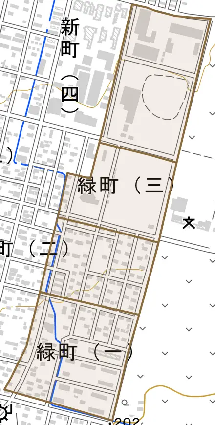 緑町とその周辺の地図。町の範囲を重ねている
