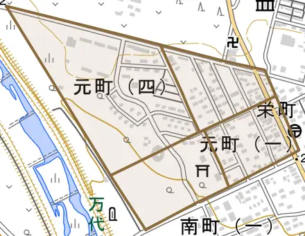 元町とその周辺の地図。町の範囲を重ねている
