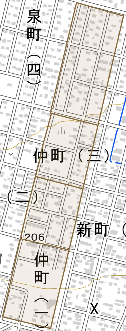 仲町とその周辺の地図。町の範囲を重ねている