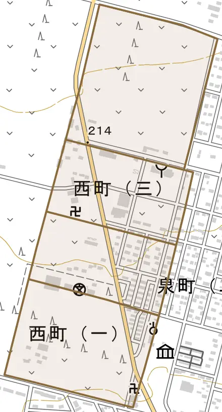 西町とその周辺の地図。町の範囲を重ねている