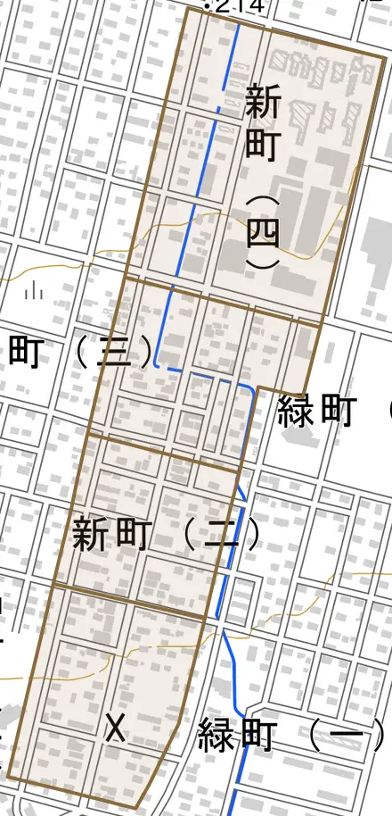 新町とその周辺の地図。町の範囲を重ねている