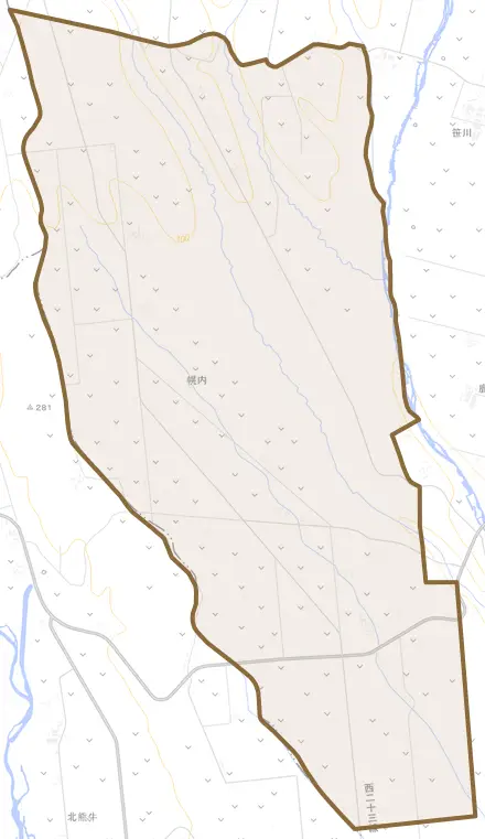 幌内とその周辺の地図。町の範囲を重ねている