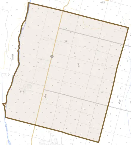 笹川とその周辺の地図。町の範囲を重ねている