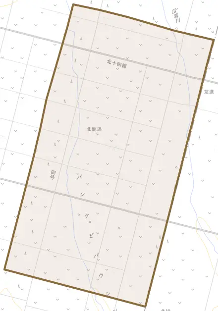 北鹿追とその周辺の地図。町の範囲を重ねている