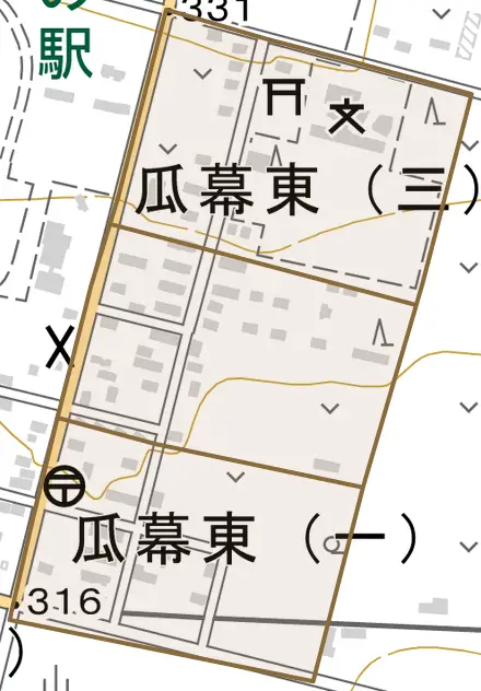 瓜幕東とその周辺の地図。町の範囲を重ねている