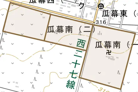 瓜幕南とその周辺の地図。町の範囲を重ねている