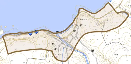 字本目とその周辺の地図。町の範囲を重ねている