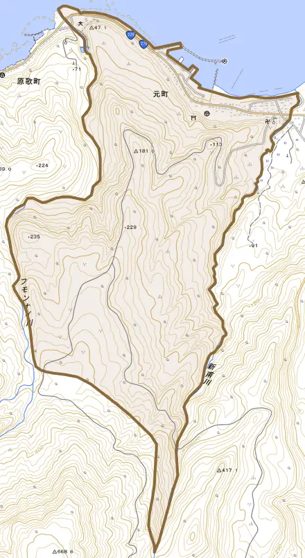 字元町とその周辺の地図。町の範囲を重ねている