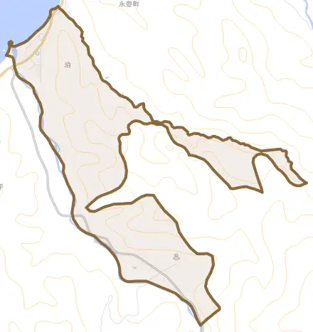 字泊とその周辺の地図。町の範囲を重ねている