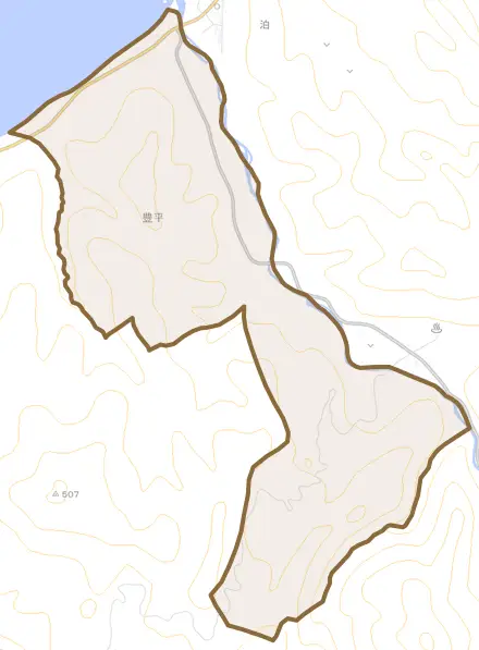 字豊平とその周辺の地図。町の範囲を重ねている
