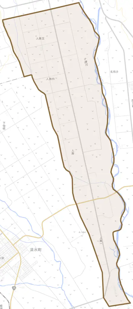 字人舞とその周辺の地図。町の範囲を重ねている