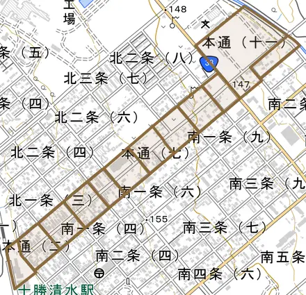 本通とその周辺の地図。町の範囲を重ねている
