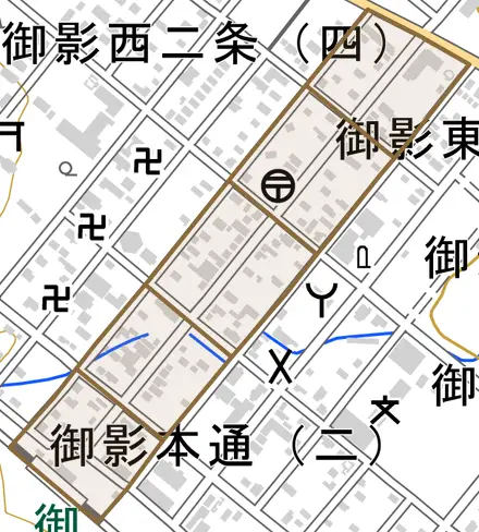 御影本通とその周辺の地図。町の範囲を重ねている