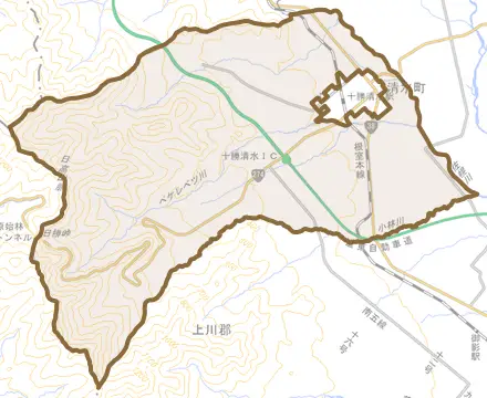 字清水とその周辺の地図。町の範囲を重ねている