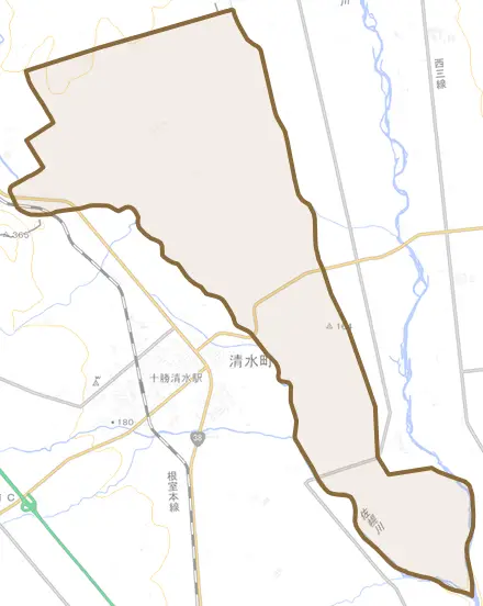 字下佐幌とその周辺の地図。町の範囲を重ねている