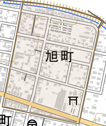 旭町とその周辺の地図。町の範囲を重ねている