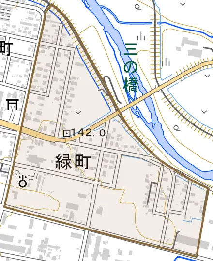 緑町とその周辺の地図。町の範囲を重ねている
