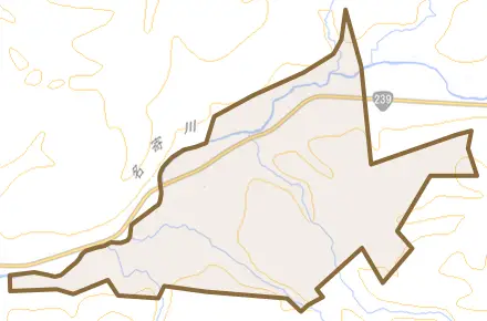 二の橋とその周辺の地図。町の範囲を重ねている