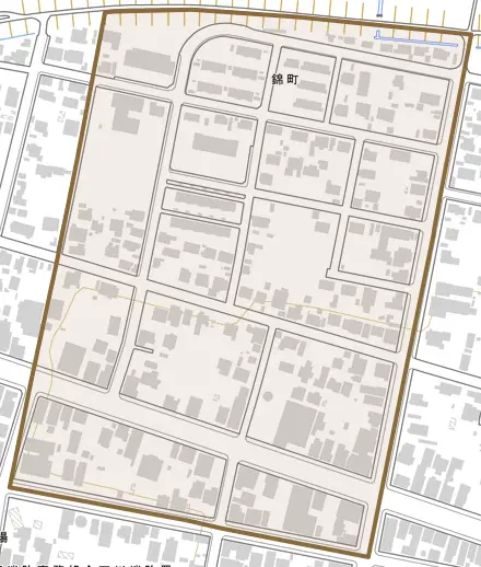 錦町とその周辺の地図。町の範囲を重ねている