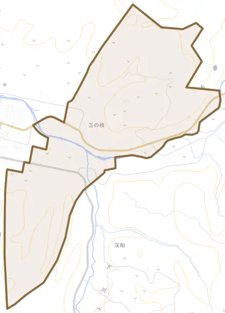 三の橋とその周辺の地図。町の範囲を重ねている
