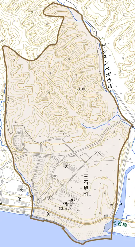 三石旭町とその周辺の地図。町の範囲を重ねている