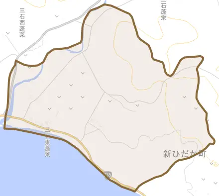 三石東蓬莱とその周辺の地図。町の範囲を重ねている